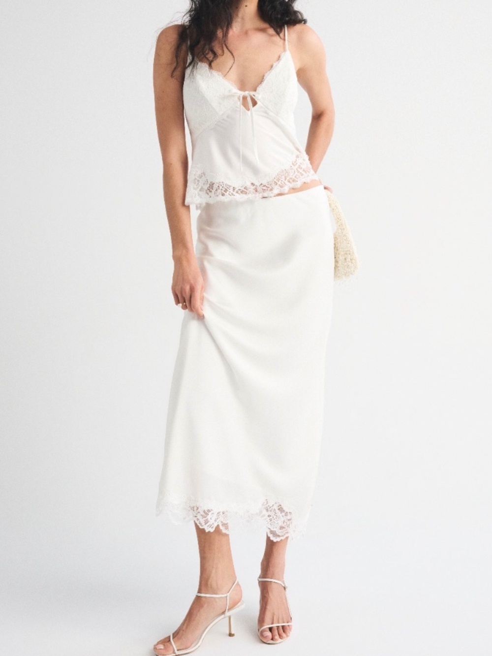 Abercrombie & Fitch High Rise Satin Maxi Skirt White Lace